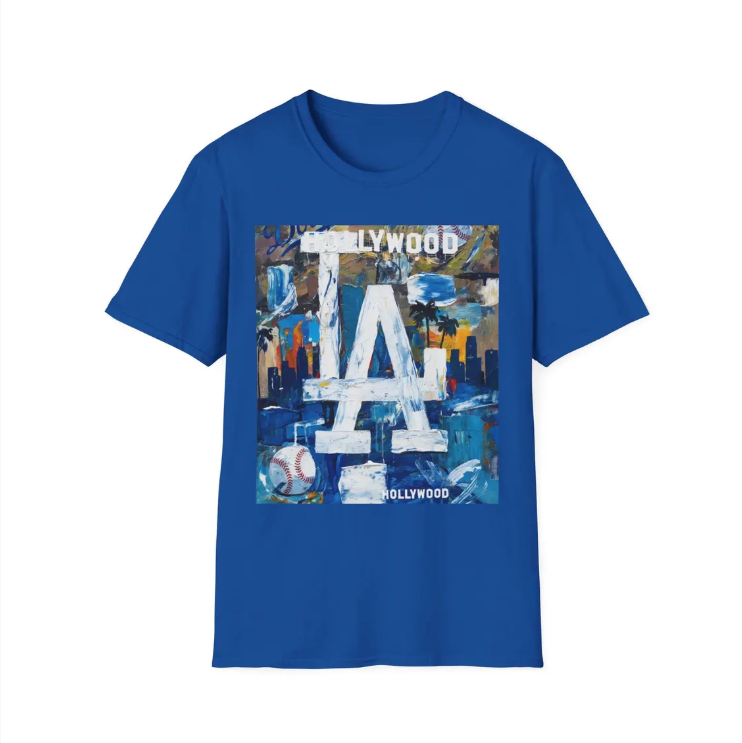 LA Dodgers Abstract Logo T-Shirt Hollywood Skyline, Urban Dodgers Baseball Art