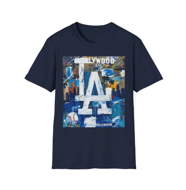 LA Dodgers Abstract Logo T-Shirt Hollywood Skyline, Urban Dodgers Baseball Art
