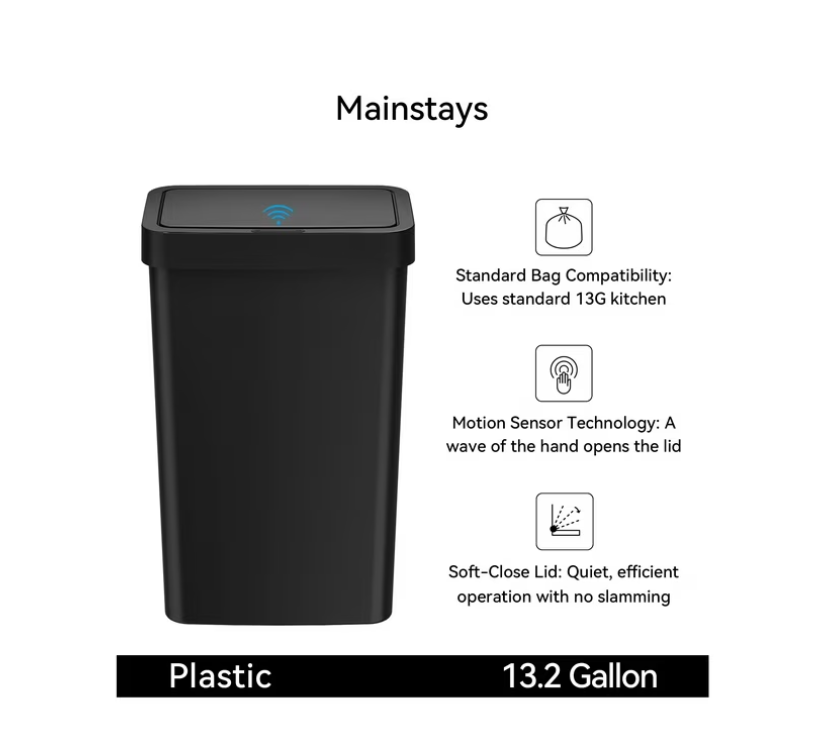 Mainstays Kitchen Automatic Trash Can, 13.2 Gallon Plastic Motion Sensor Garbage Bin, Black