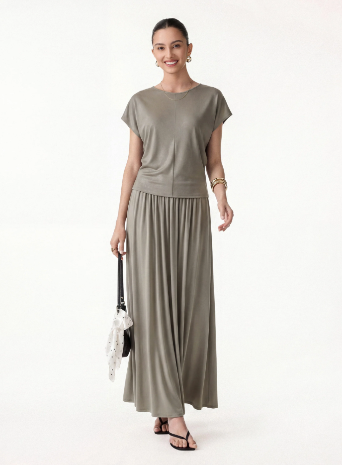 Soft Linen Knit Gathered A-Line Maxi Skirt with Pockets