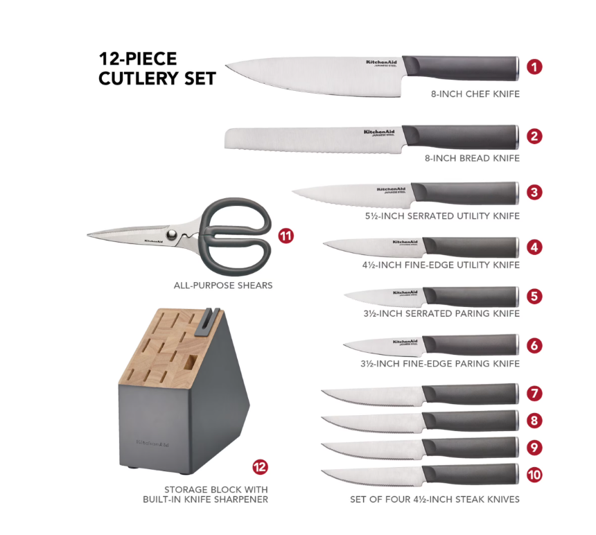 KitchenAid Classic 12-Piece Japanese Steel Knife Block Set with Built-in Knife Sharpener, Charcoal Gray