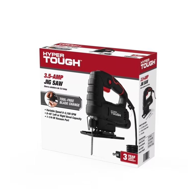Hyper Tough 3.5-Amp Corded Jig Saw, Corded, 120 Volt, Model Number 44002, for Wood-Cutting