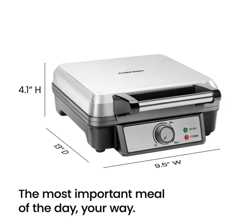 Chefman 4 Slice Belgian Waffle Maker w/ Adjustable Temperature, Stainless Steel