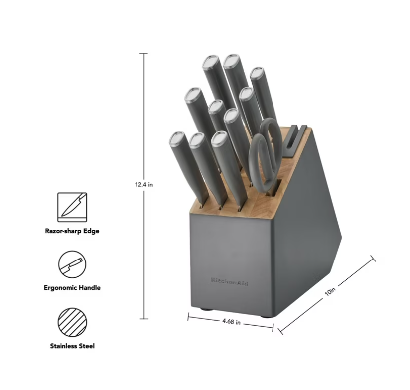 KitchenAid Classic 12-Piece Japanese Steel Knife Block Set with Built-in Knife Sharpener, Charcoal Gray
