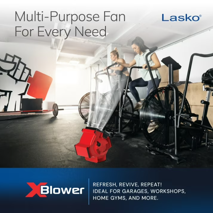 Lasko X-Blower 11" High Velocity Utility Blower Fan with USB Ports and Built-In Outlet for Cooling and Drying, Red, X12900