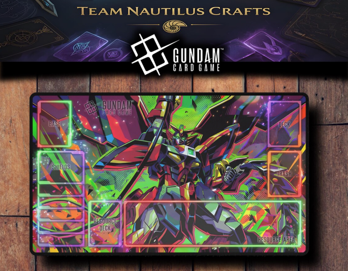 Epyon Gundam Neon Mecha Playmat – TCG Mat with Zones, Sci-Fi Gaming Surface