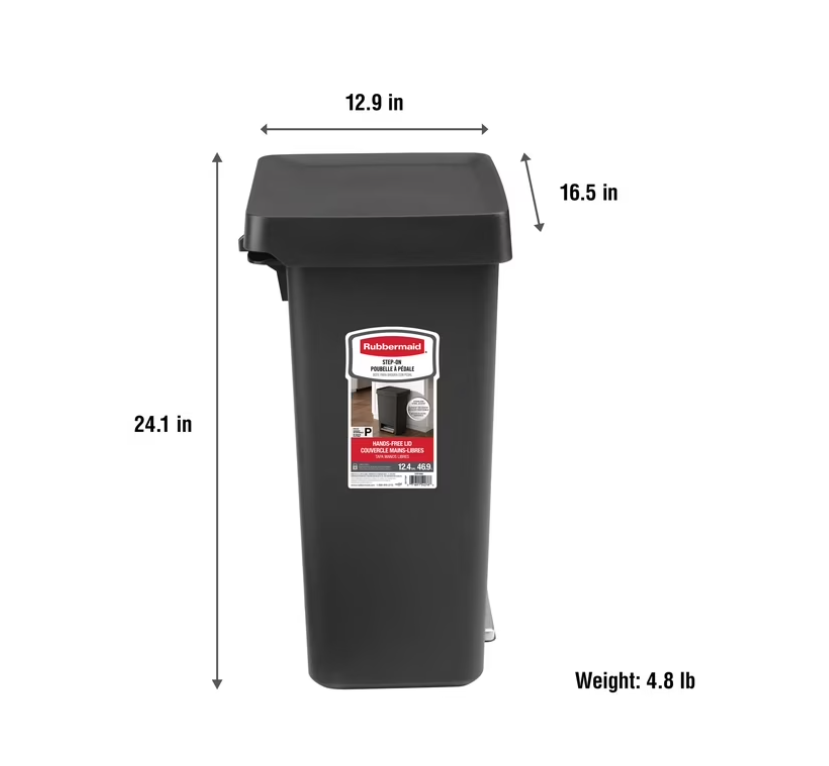 Rubbermaid Kitchen Trash Can, 12.4 Gallon Plastic Step Garbage Bin, Charcoal