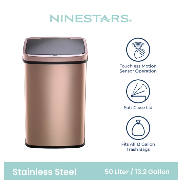 Nine Stars Automatic Kitchen Trash Can, 13.2 Gallon Stainless Steel, Motion Sensor, Soft Close Lid Garbage Bin, Gold