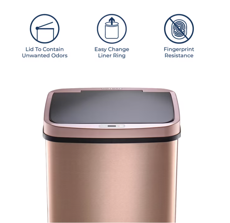Nine Stars Automatic Kitchen Trash Can, 13.2 Gallon Stainless Steel, Motion Sensor, Soft Close Lid Garbage Bin, Gold