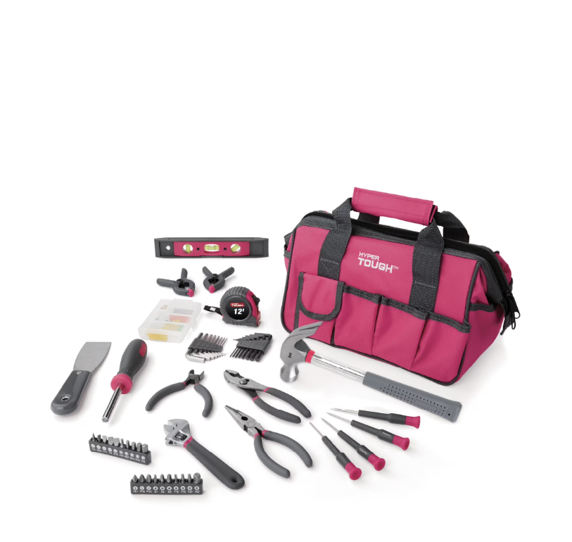 Hyper Tough 89-Piece Household Tool Set 12-Pocket Tool Bag, Pink