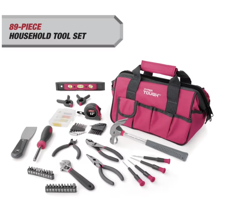 Hyper Tough 89-Piece Household Tool Set 12-Pocket Tool Bag, Pink