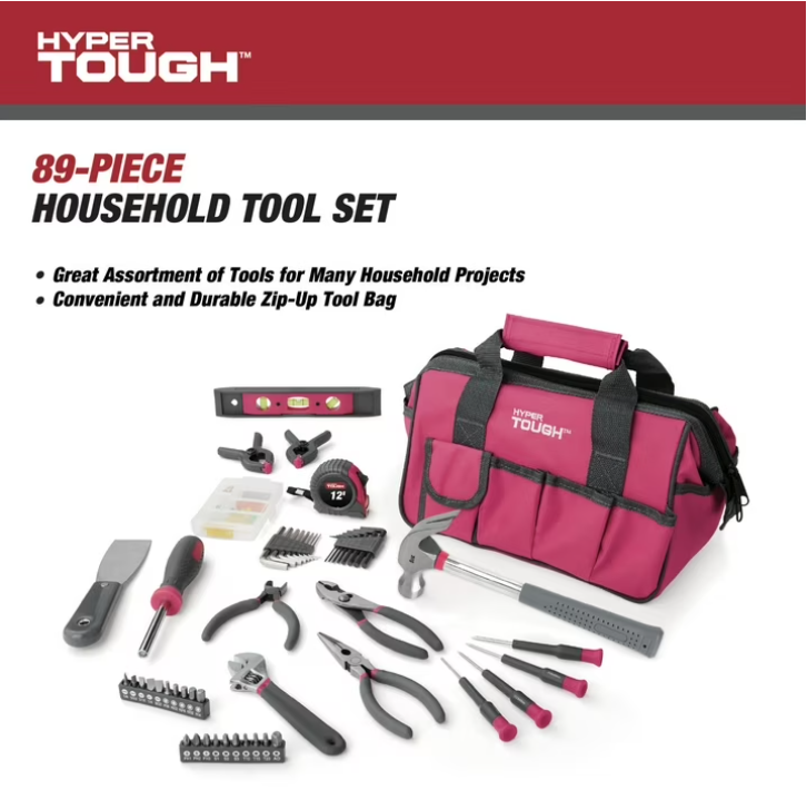 Hyper Tough 89-Piece Household Tool Set 12-Pocket Tool Bag, Pink