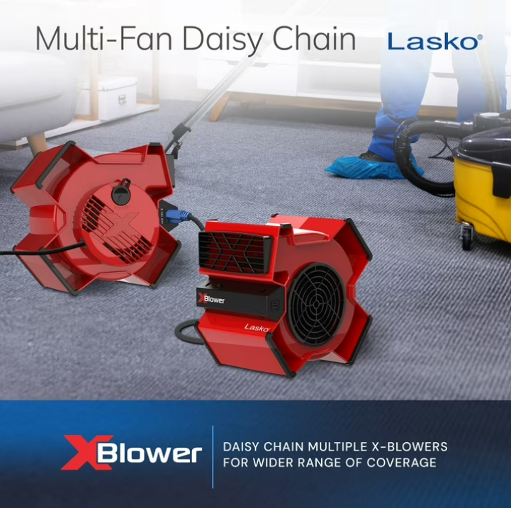 Lasko X-Blower 11" High Velocity Utility Blower Fan with USB Ports and Built-In Outlet for Cooling and Drying, Red, X12900