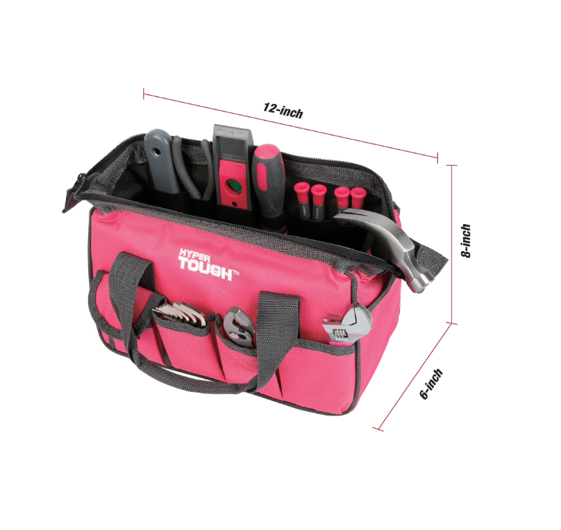 Hyper Tough 89-Piece Household Tool Set 12-Pocket Tool Bag, Pink