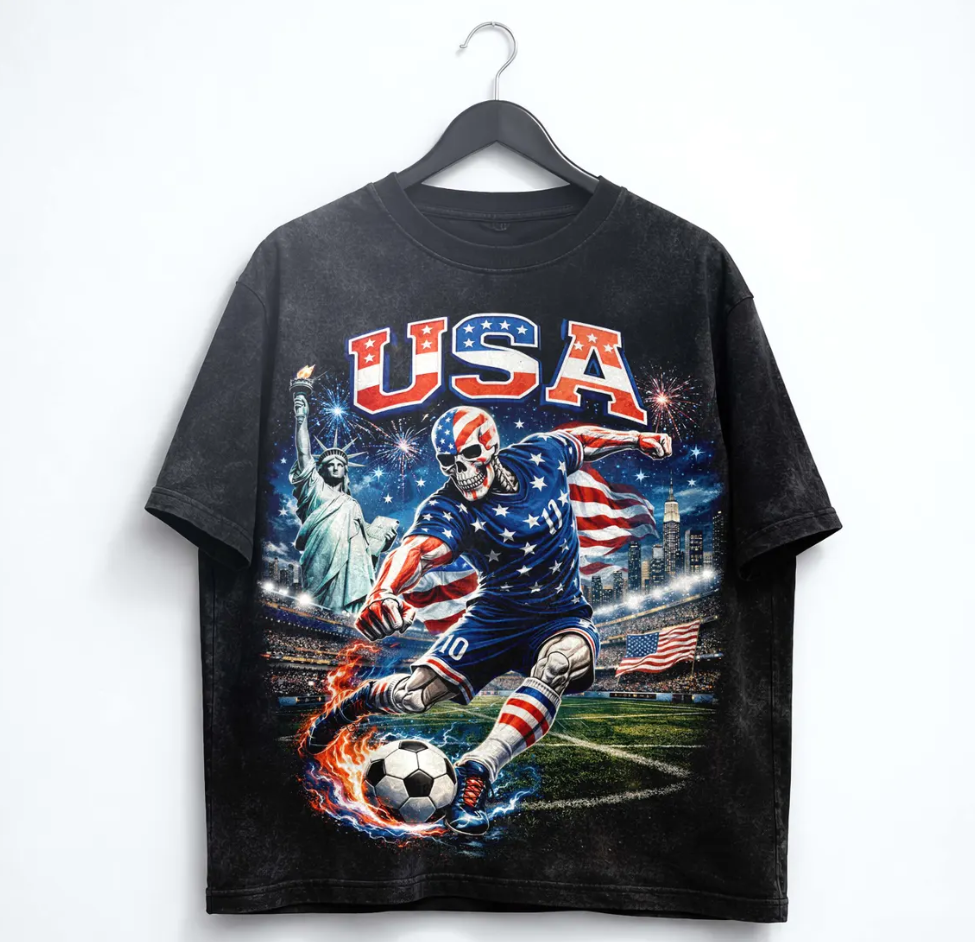 USA Soccer Skull Shirt, FIFA World Cup 2026 Tee, American Flag Graphic T- Shirt, Vintage Patriotic Streetwear, Unisex Football Gift.