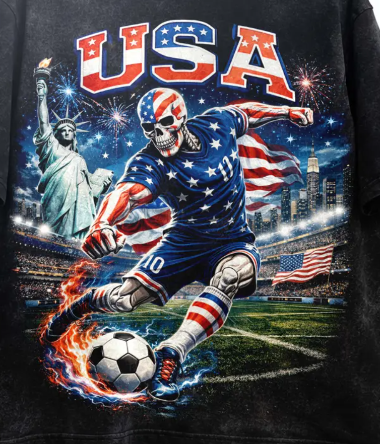 USA Soccer Skull Shirt, FIFA World Cup 2026 Tee, American Flag Graphic T- Shirt, Vintage Patriotic Streetwear, Unisex Football Gift.