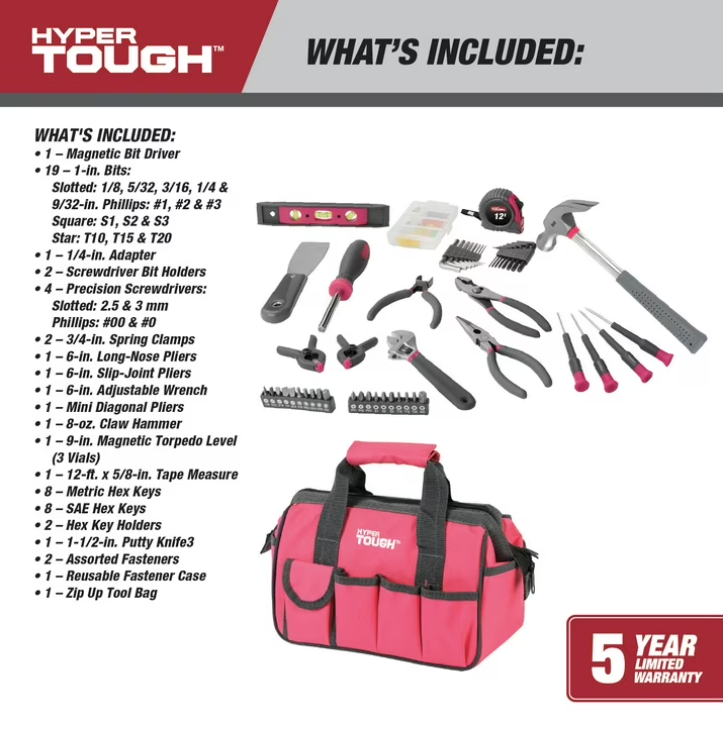 Hyper Tough 89-Piece Household Tool Set 12-Pocket Tool Bag, Pink