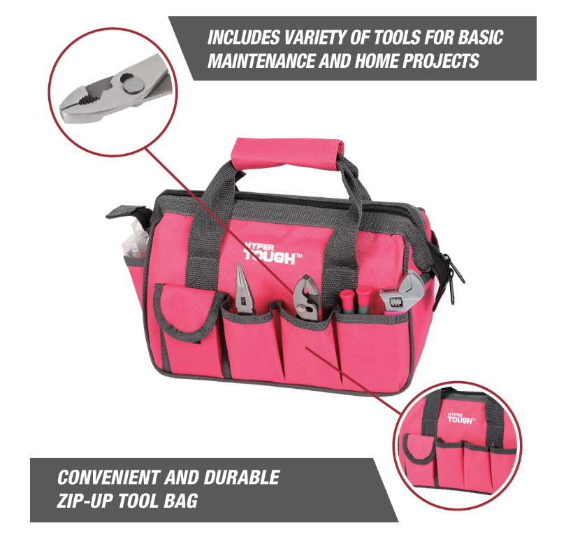 Hyper Tough 89-Piece Household Tool Set 12-Pocket Tool Bag, Pink