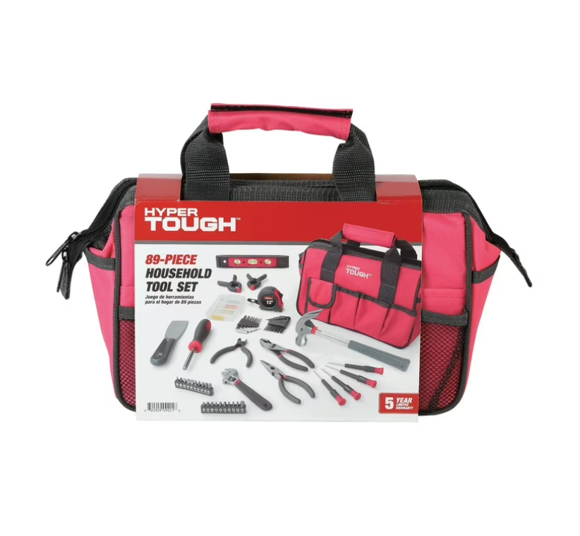 Hyper Tough 89-Piece Household Tool Set 12-Pocket Tool Bag, Pink