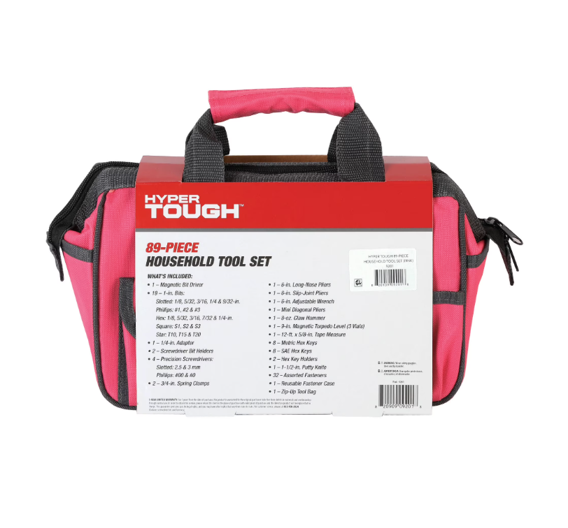 Hyper Tough 89-Piece Household Tool Set 12-Pocket Tool Bag, Pink