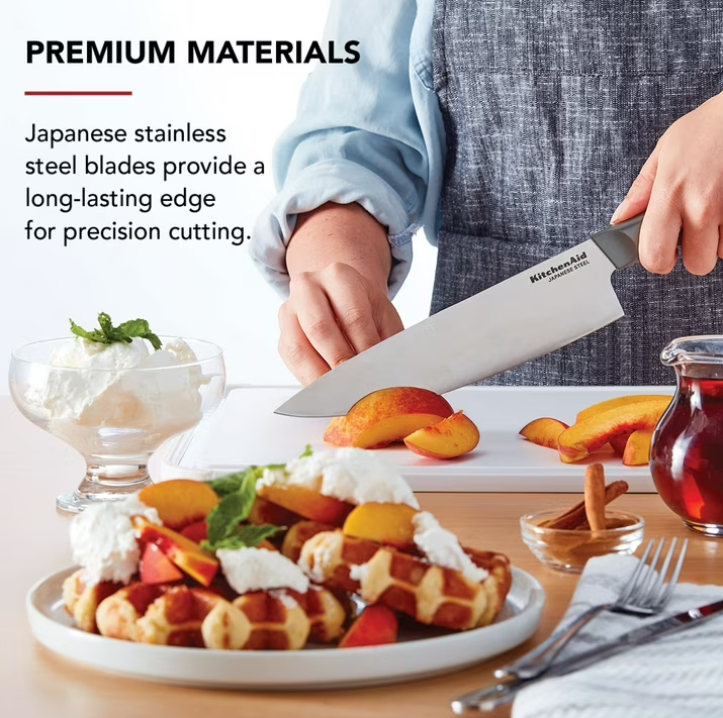KitchenAid Classic 12-Piece Japanese Steel Knife Block Set with Built-in Knife Sharpener, Charcoal Gray