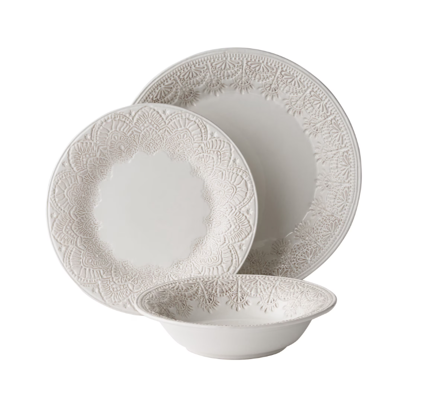 The Pioneer Woman Vintage Lace 12-Piece Ceramic Dinnerware Set, Linen