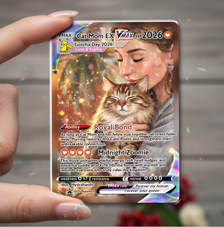 Personalized Cat Mom Trading Card, Custom Anime Style Pet Keepsake