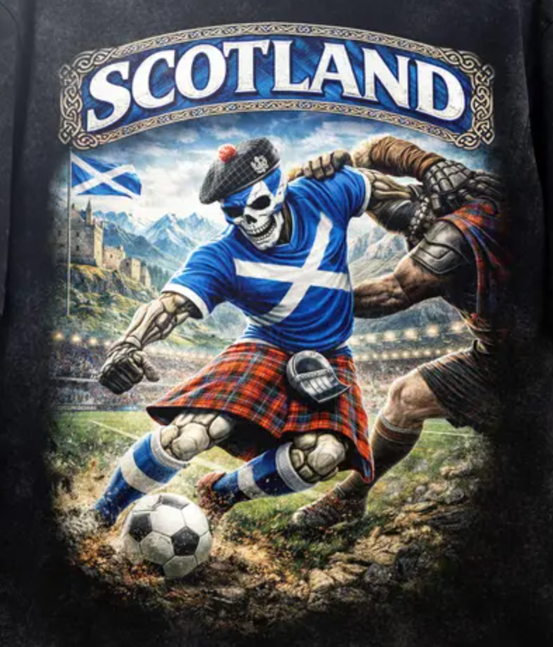 Scotland Soccer Skull Shirt, Scottish Football Tee, Highland Kilt Graphic, World Cup 2026 Shirt, Streetwear Tee, Unisex T-Shirt.