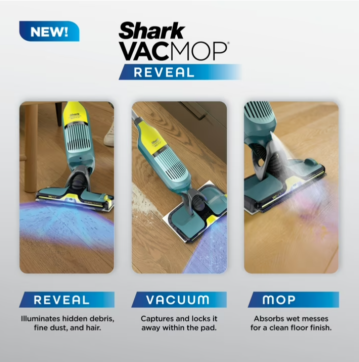 Shark VACMOP Reveal Cordless Hard Floor Cleaner, Vacuum and Spray Mop, 4 Disposable Pads, 12oz Pet Multi-surface Cleaning Solution, VM401