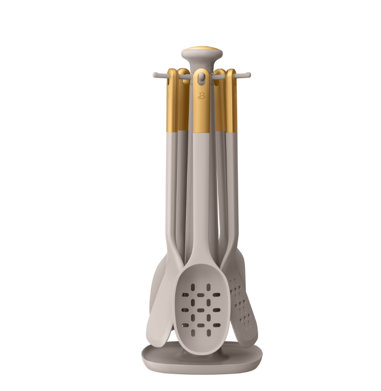 Beautiful 6-Piece Silicone Kitchen Utensil Tool Set with Rotating Rack by Drew Barrymore, Porcini Taupe