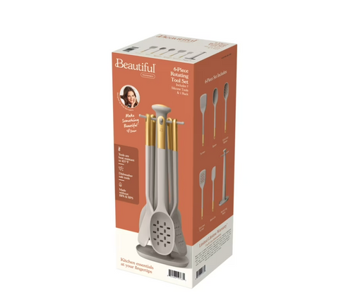 Beautiful 6-Piece Silicone Kitchen Utensil Tool Set with Rotating Rack by Drew Barrymore, Porcini Taupe