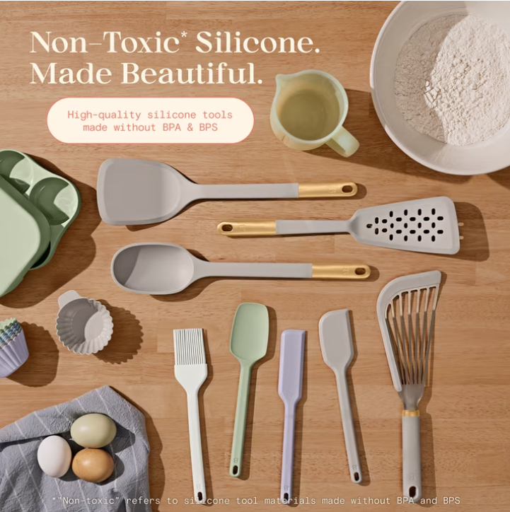 Beautiful 6-Piece Silicone Kitchen Utensil Tool Set with Rotating Rack by Drew Barrymore, Porcini Taupe