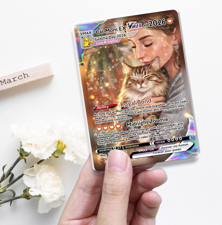 Personalized Cat Mom Trading Card, Custom Anime Style Pet Keepsake