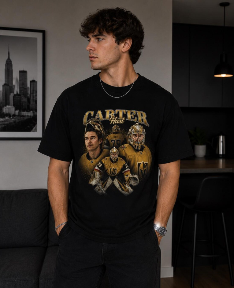 Carter Hart hockey collage T-Shirt Vintage Goalie Portrait Tee, Vegas Golden Knights Shirt