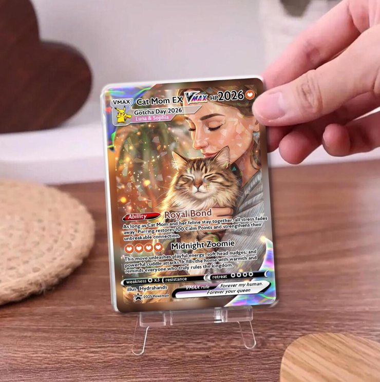 Personalized Cat Mom Trading Card, Custom Anime Style Pet Keepsake