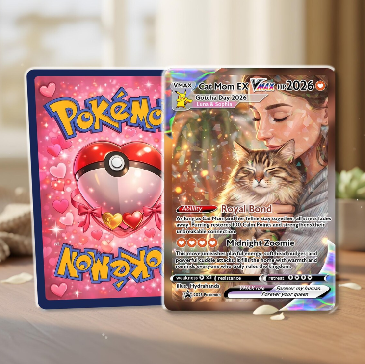 Personalized Cat Mom Trading Card, Custom Anime Style Pet Keepsake