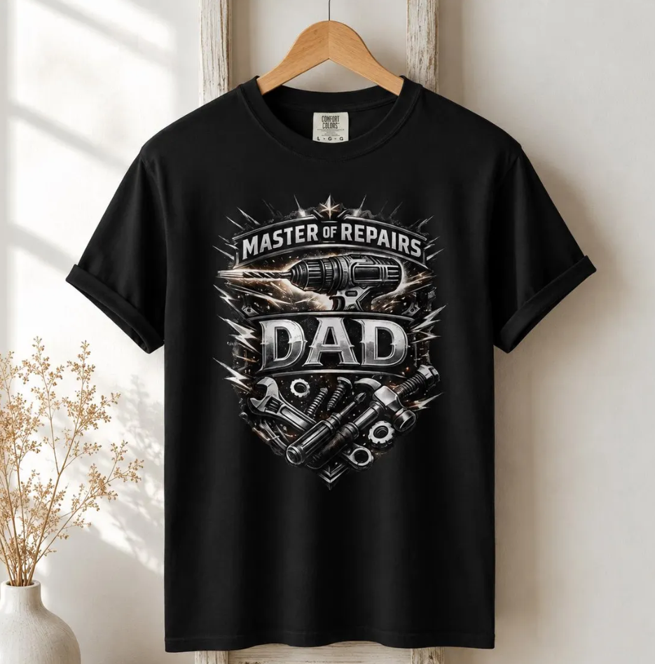 Master of Repairs Dad T-Shirt | Funny Mechanic Tool Wrench Drill Tee