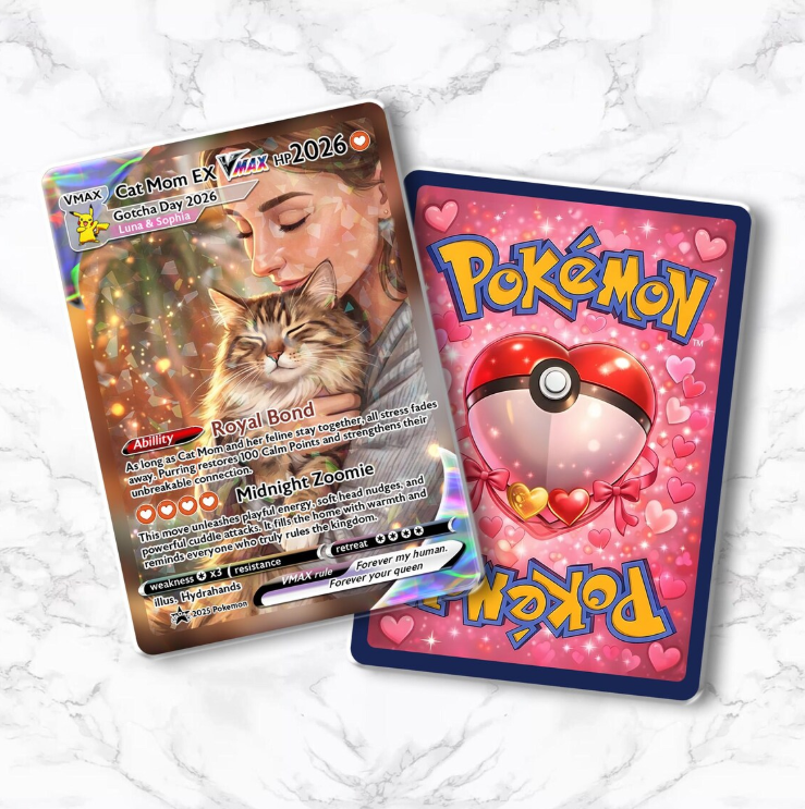 Personalized Cat Mom Trading Card, Custom Anime Style Pet Keepsake