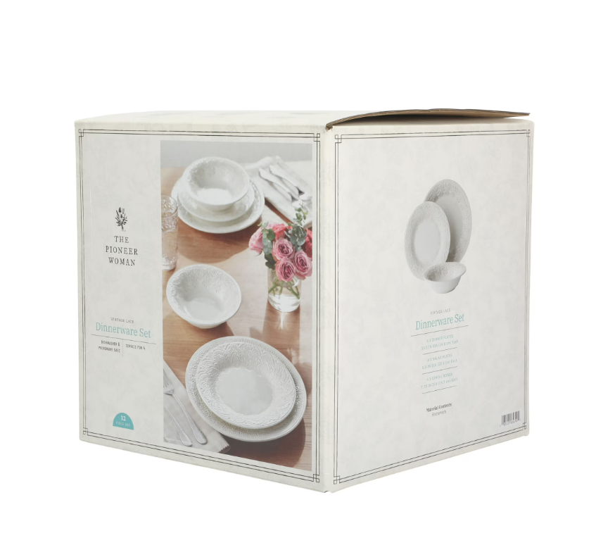 The Pioneer Woman Vintage Lace 12-Piece Ceramic Dinnerware Set, Linen