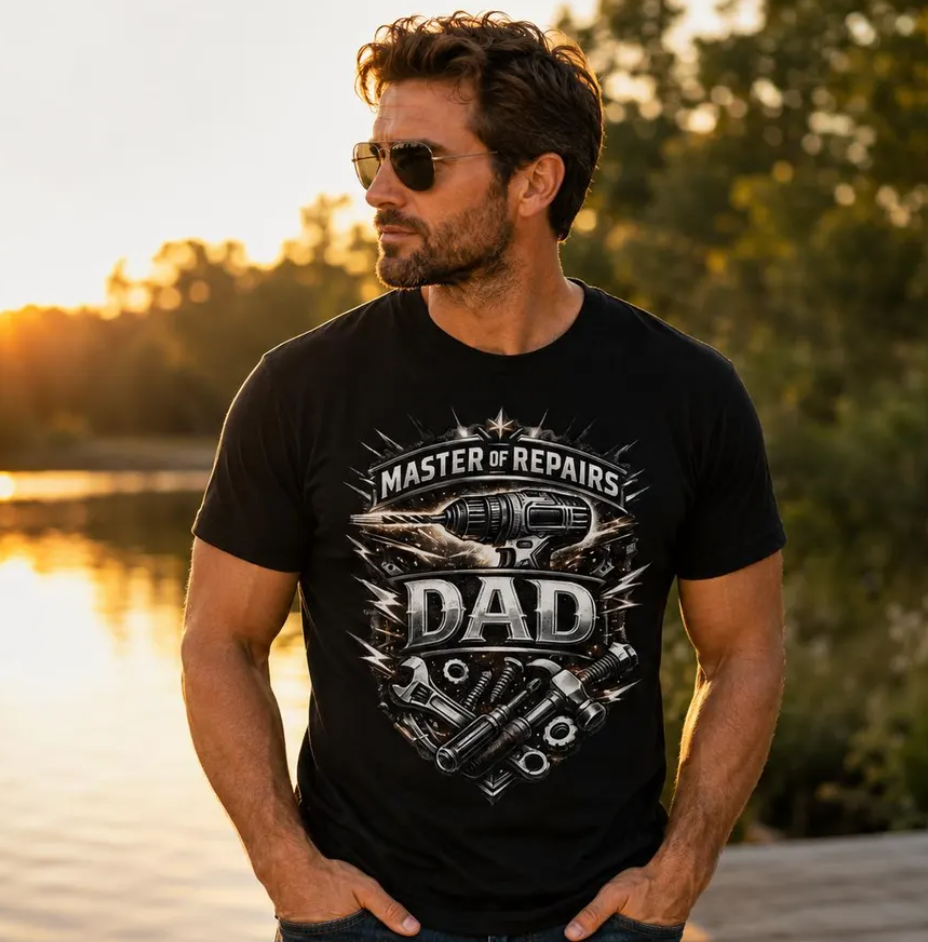 Master of Repairs Dad T-Shirt | Funny Mechanic Tool Wrench Drill Tee