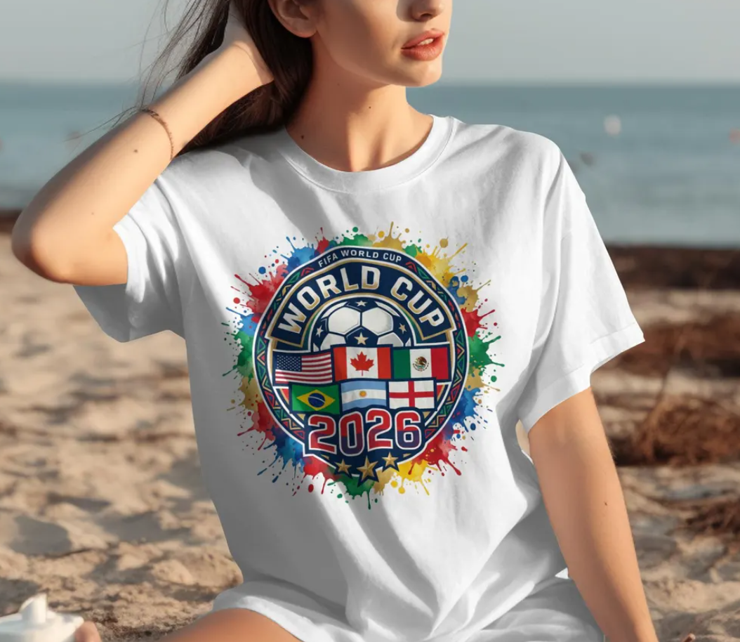 FIFA World Cup 2026 T-Shirt, Soccer Fan Apparel, USA Canada Mexico Flags, Watercolor Splash