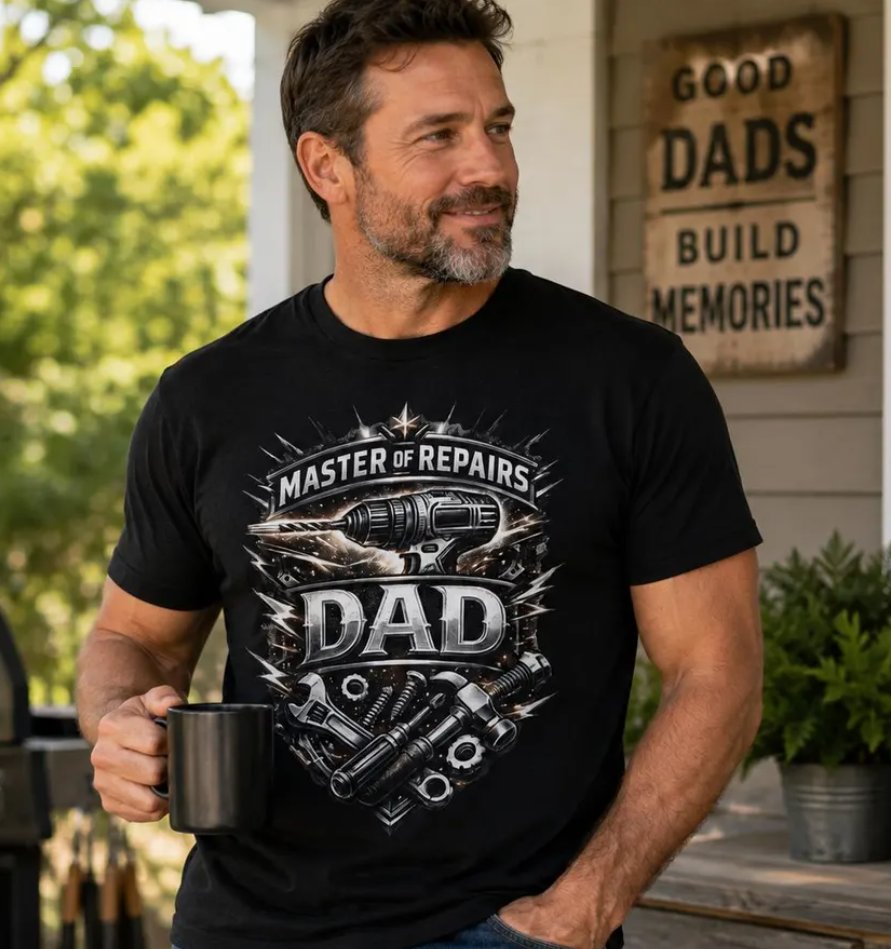 Master of Repairs Dad T-Shirt | Funny Mechanic Tool Wrench Drill Tee