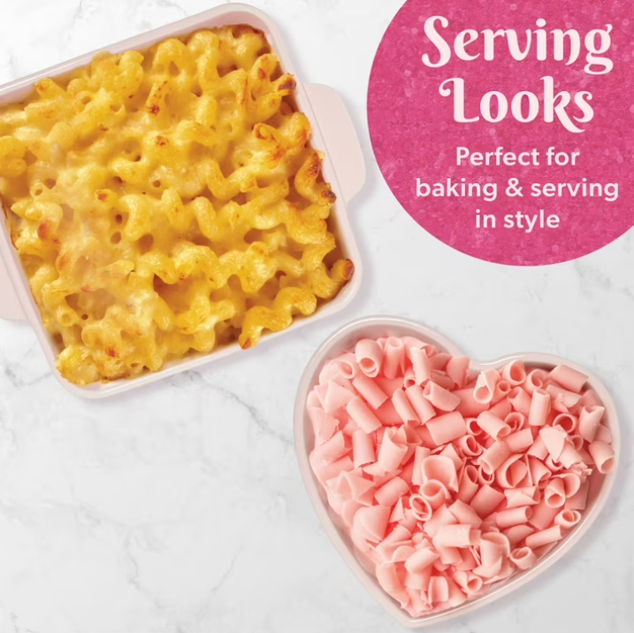 Paris Hilton 2-Piece Ceramic Nonstick Baking & Casserole Dish Set, Square and Heart-Shaped, Stoneware Baking Set, Pink