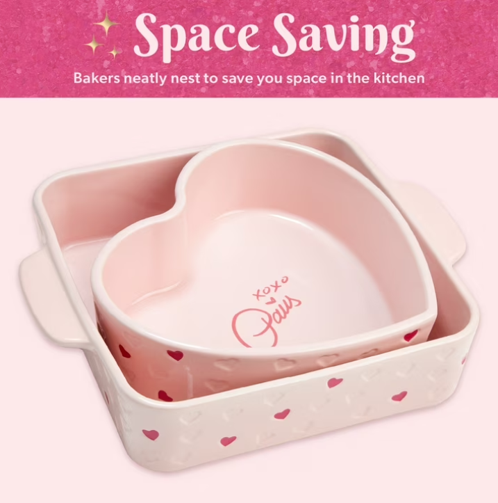 Paris Hilton 2-Piece Ceramic Nonstick Baking & Casserole Dish Set, Square and Heart-Shaped, Stoneware Baking Set, Pink