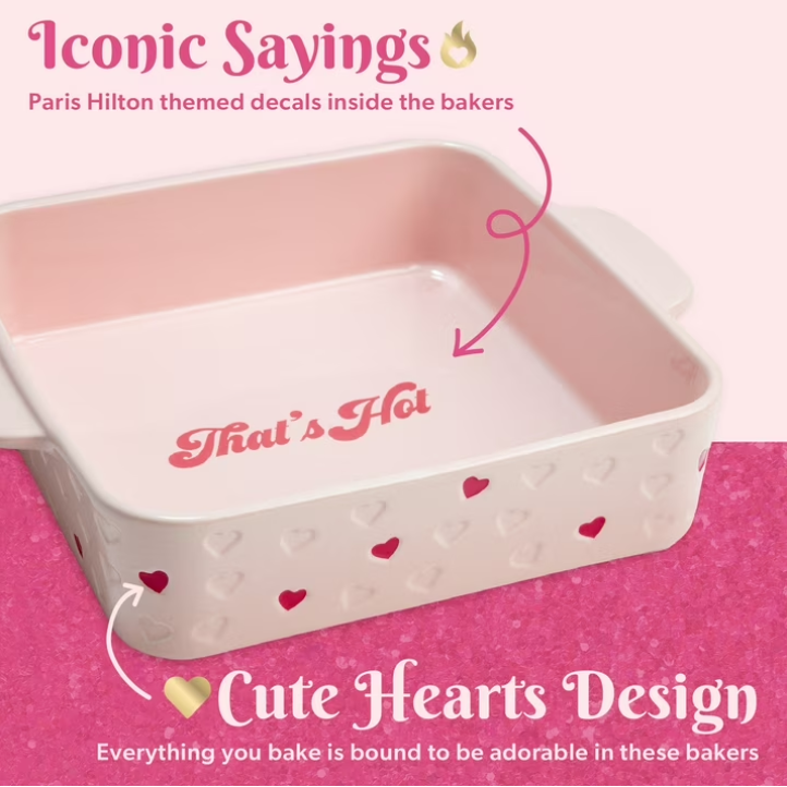 Paris Hilton 2-Piece Ceramic Nonstick Baking & Casserole Dish Set, Square and Heart-Shaped, Stoneware Baking Set, Pink