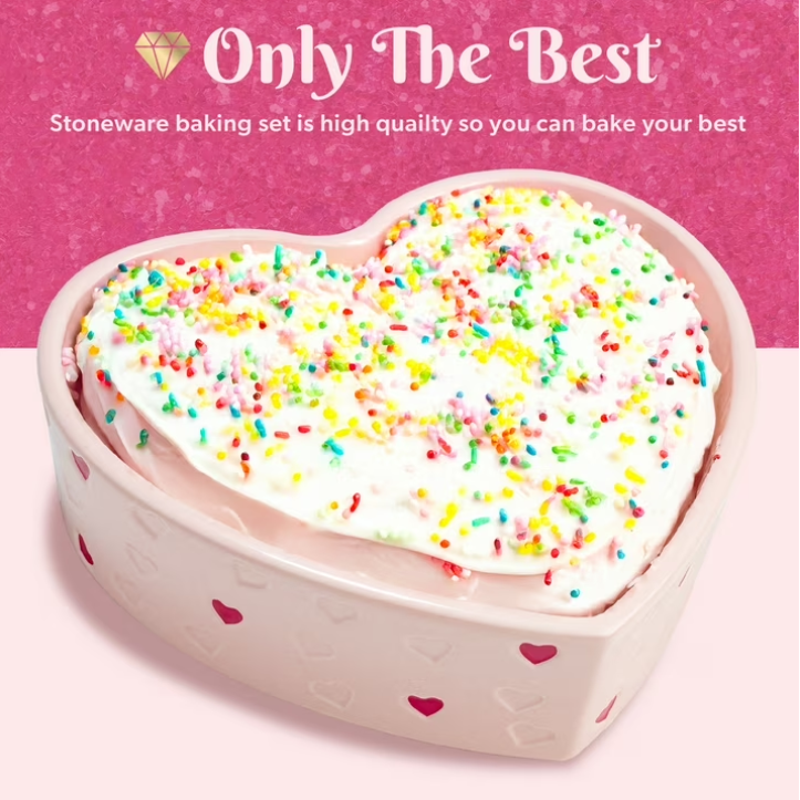 Paris Hilton 2-Piece Ceramic Nonstick Baking & Casserole Dish Set, Square and Heart-Shaped, Stoneware Baking Set, Pink