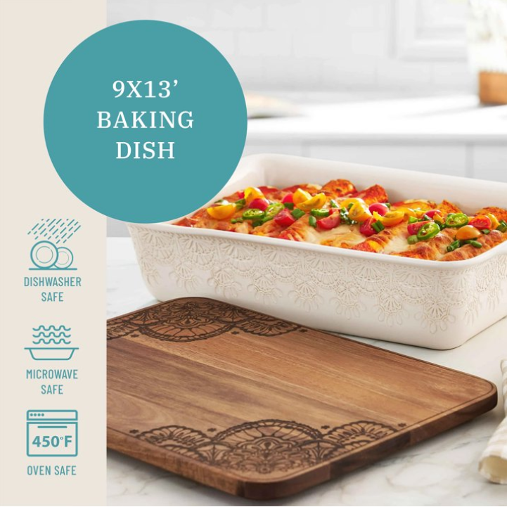 The Pioneer Woman 9" x 13" Vintage Lace Ceramic Casserole Baking Dish with Wood Lid, Linen
