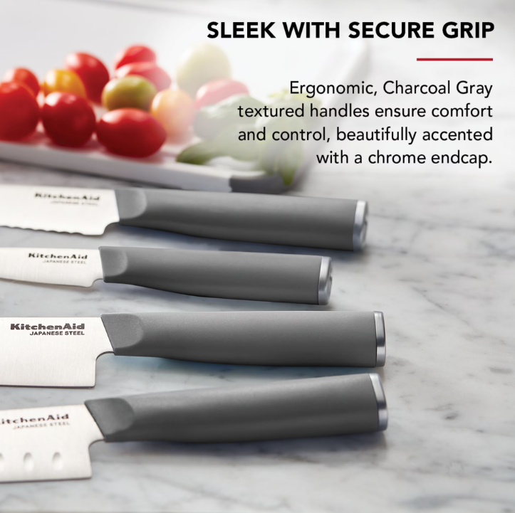 KitchenAid Classic 12-Piece Japanese Steel Knife Block Set with Built-in Knife Sharpener, Charcoal Gray
