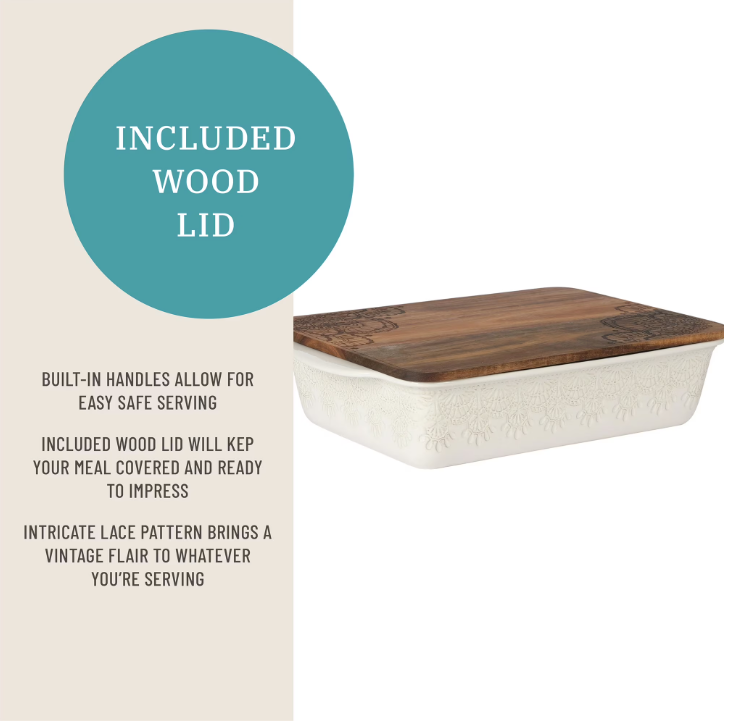 The Pioneer Woman 9" x 13" Vintage Lace Ceramic Casserole Baking Dish with Wood Lid, Linen