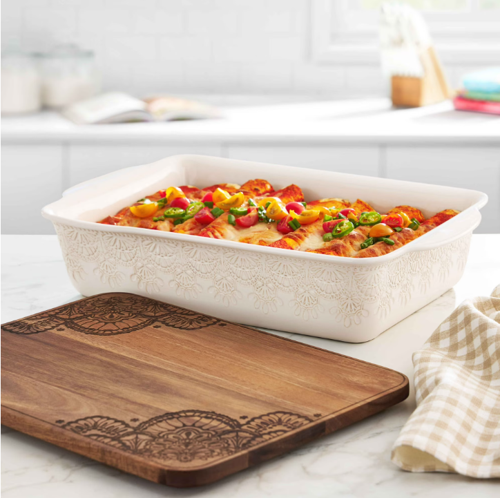 The Pioneer Woman 9" x 13" Vintage Lace Ceramic Casserole Baking Dish with Wood Lid, Linen